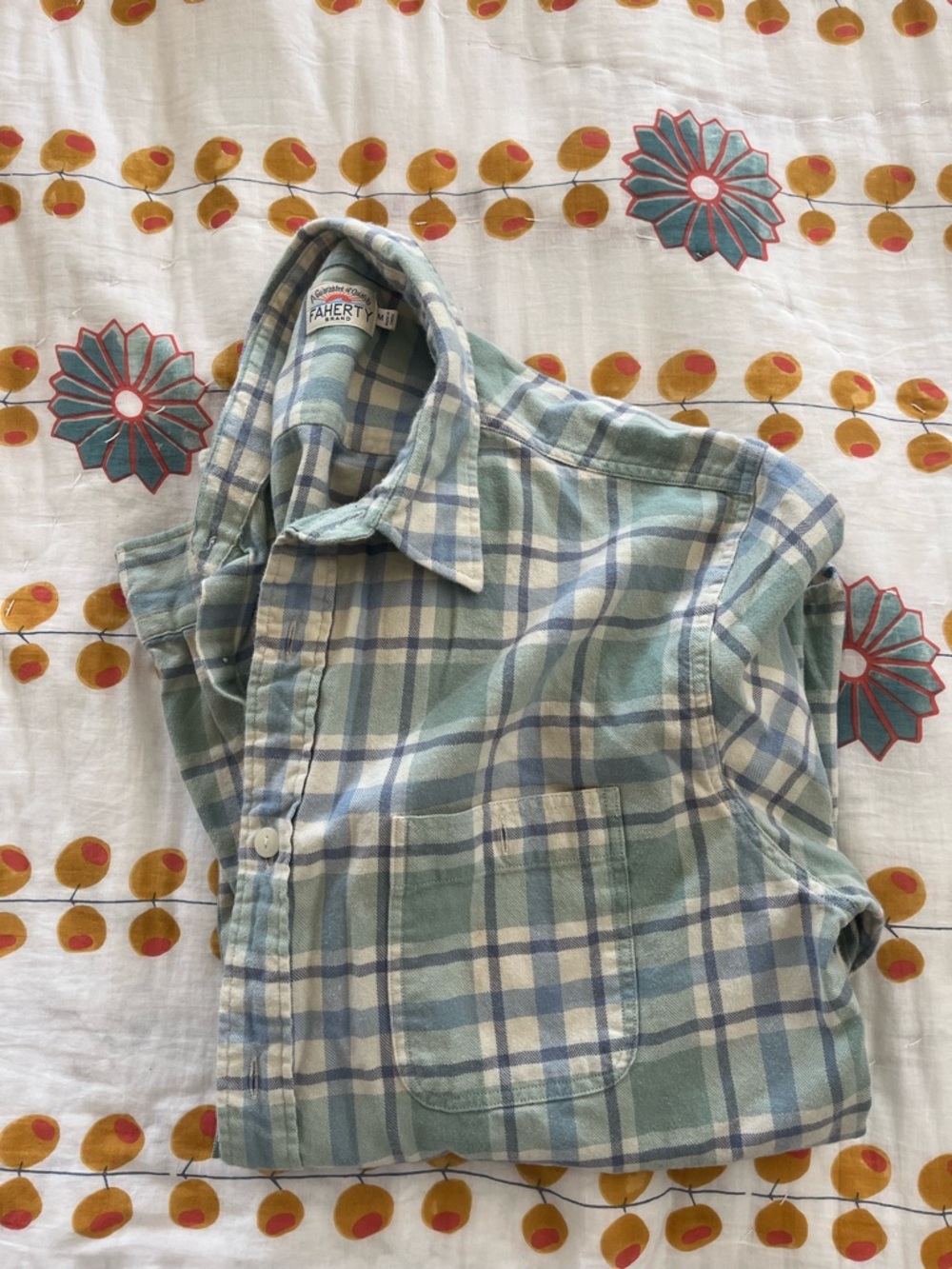 Faherty Plaid Cotton Button-Up Shirt in Sage Green & Light Blue